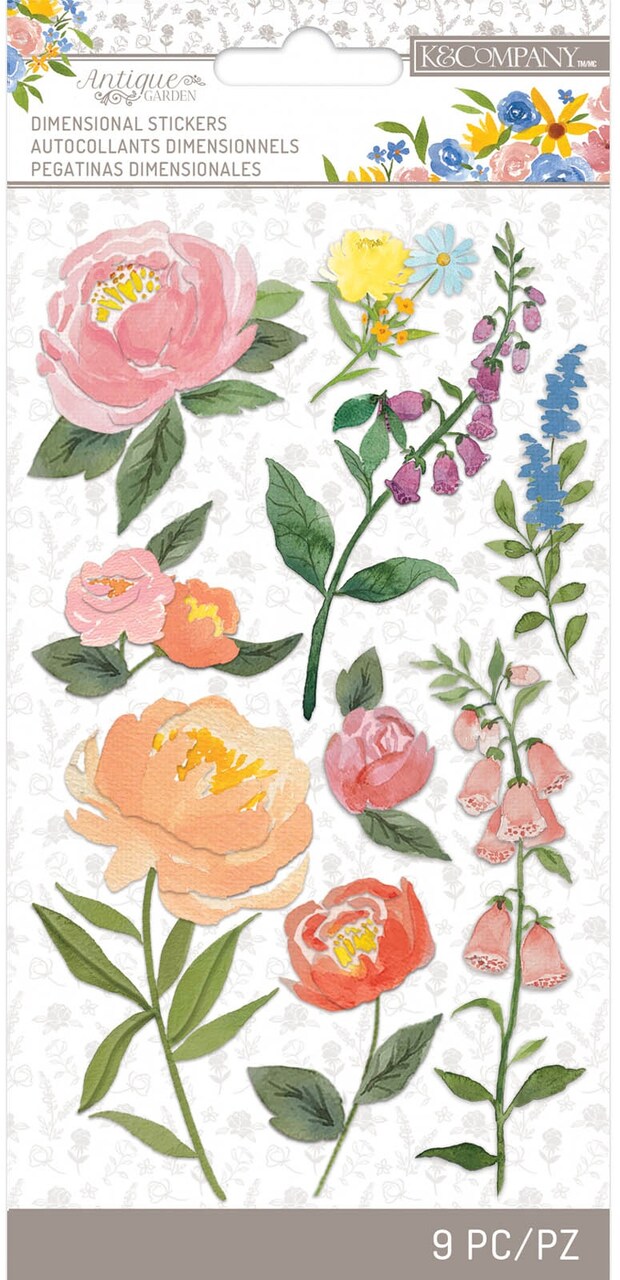 K&Company Antique Garden Dimensional Stickers - Floral Blooms, 9pcs